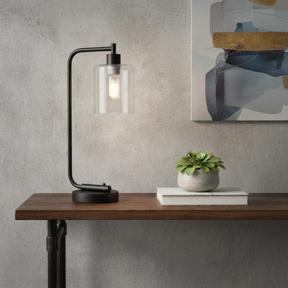 19" Black Metal Lantern Table Lamp With Clear Cylinder Shade