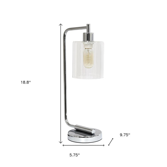 19" Silver Metal Lantern Table Lamp With Clear Cylinder Shade