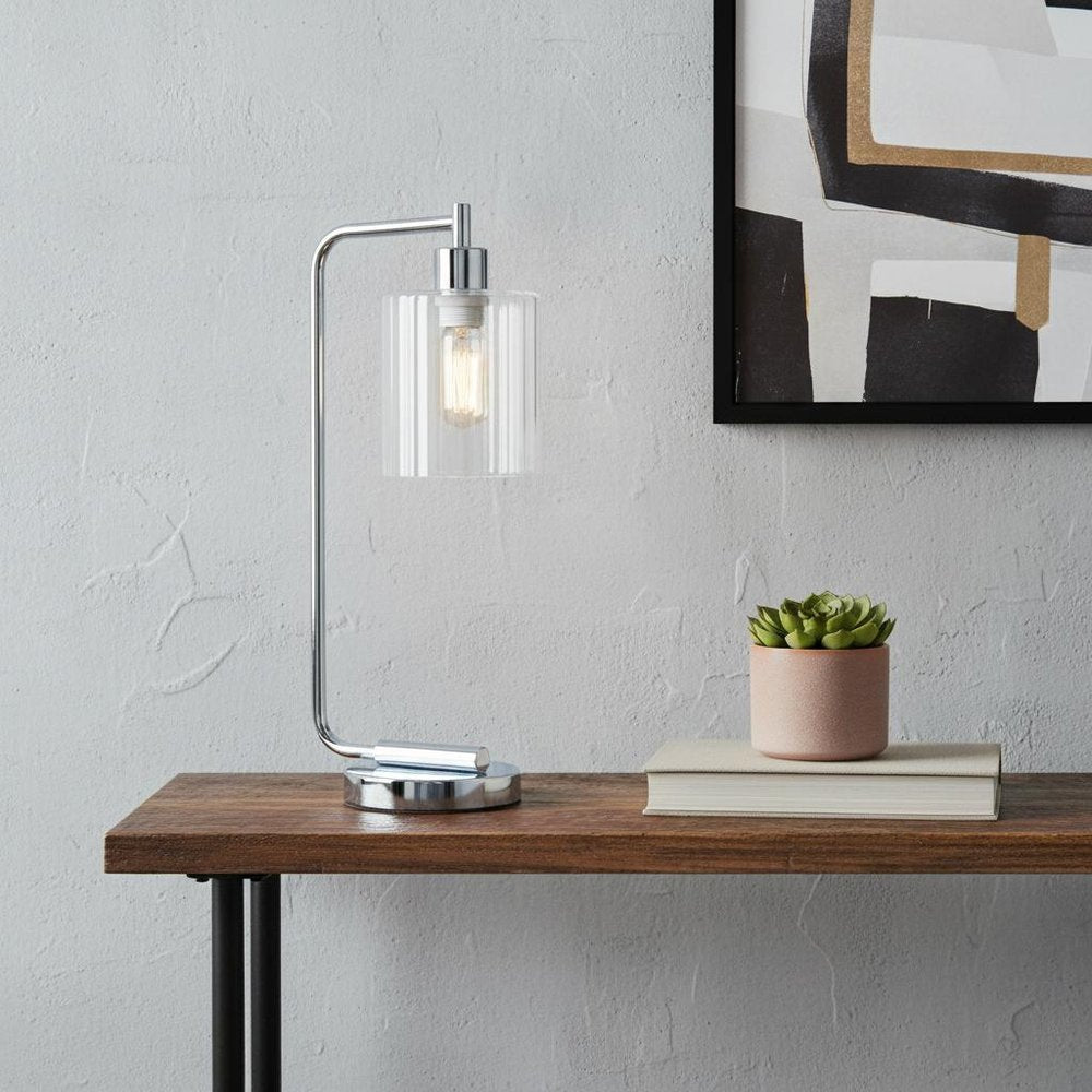 19" Silver Metal Lantern Table Lamp With Clear Cylinder Shade