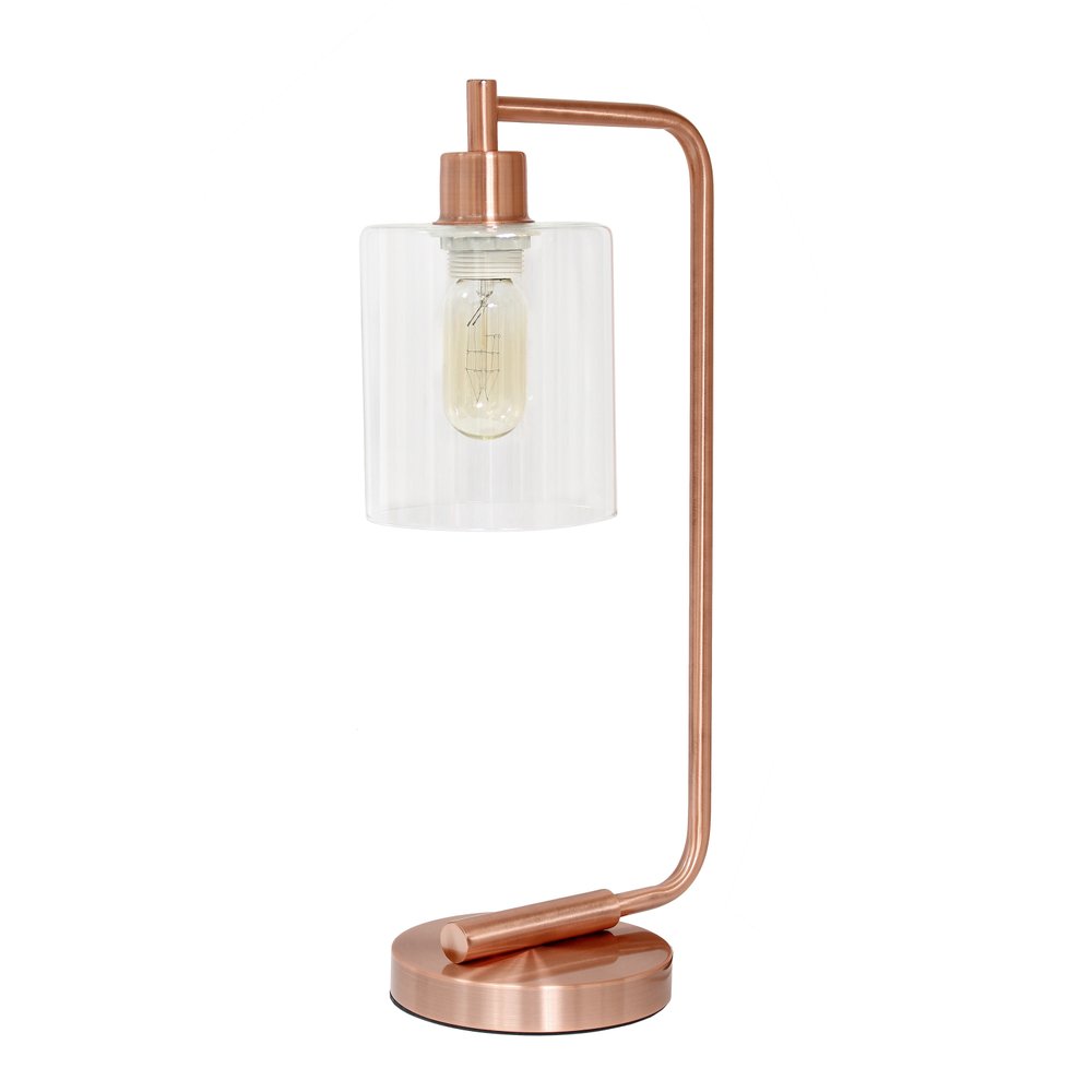 19" Rose Gold Metal Lantern Table Lamp With Clear Cylinder Shade