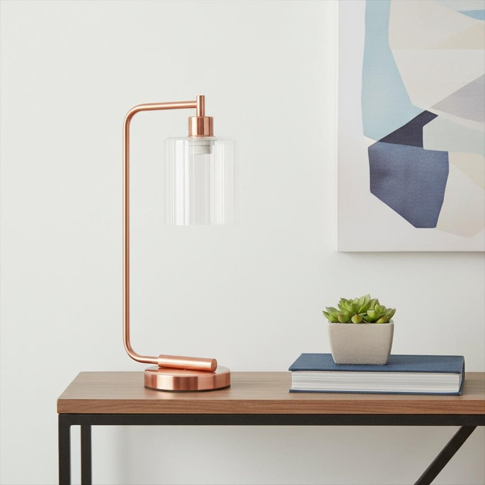 19" Rose Gold Iron Lantern Table Lamp LED With Clear Cylinder Shade