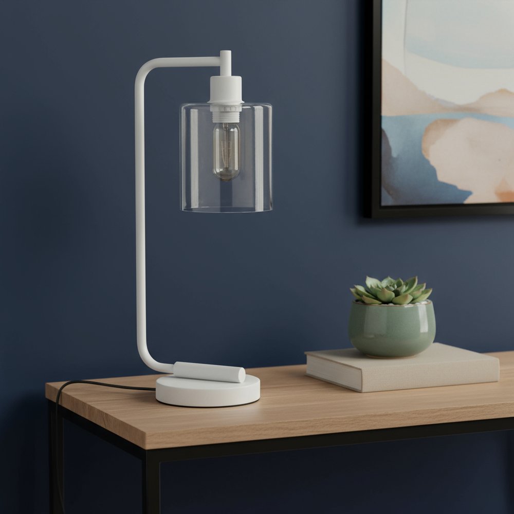 19" White Metal Lantern Table Lamp With Clear Cylinder Shade