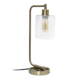 19" Antiqued Brass Metal Lantern USB Table Lamp With Clear Cylinder Shade