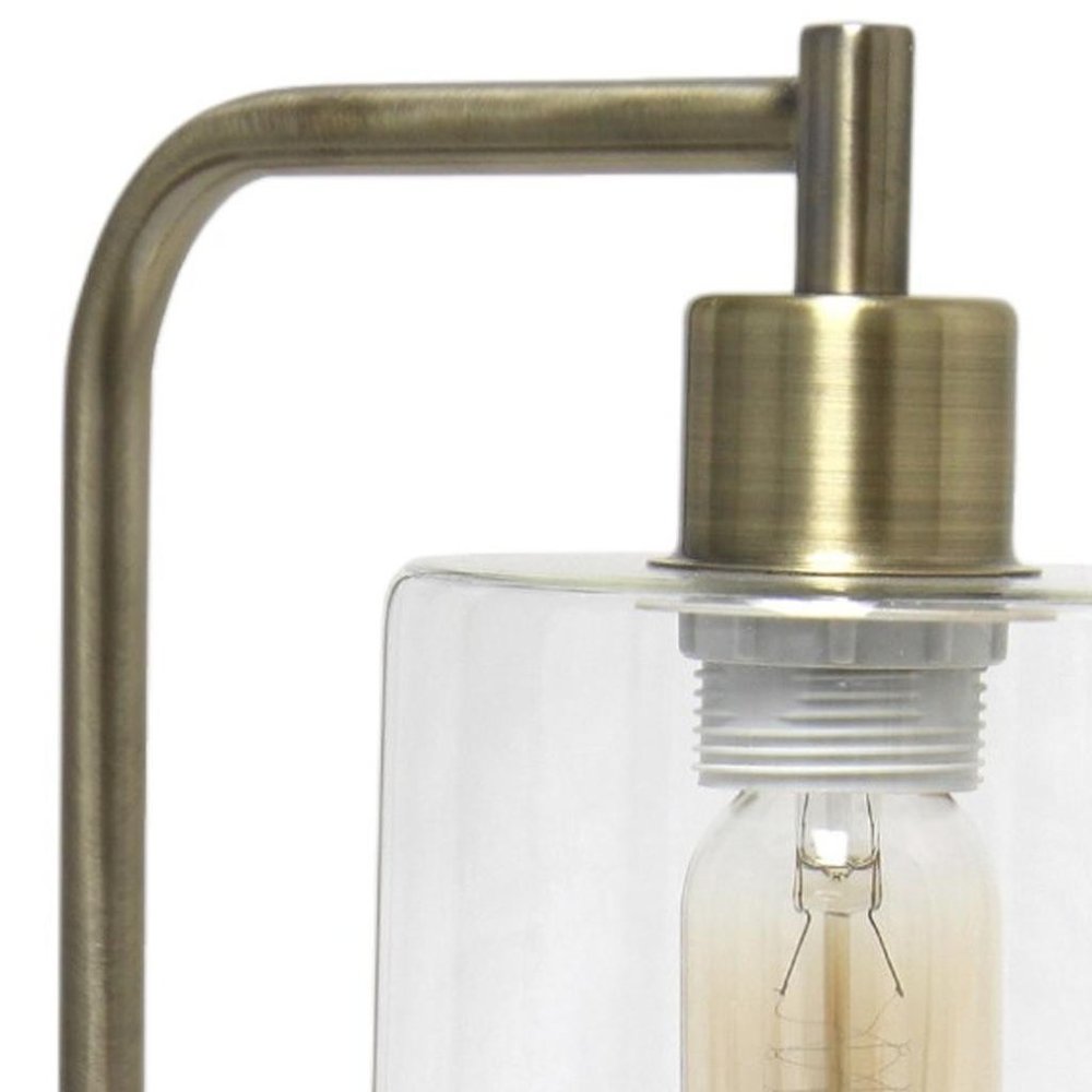 19" Antiqued Brass Metal Lantern USB Table Lamp With Clear Cylinder Shade