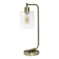 19" Antiqued Brass Metal Lantern USB Table Lamp With Clear Cylinder Shade
