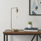 19" Antiqued Brass Metal Lantern USB Table Lamp With Clear Cylinder Shade