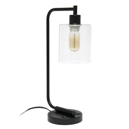 19" Black Iron Lantern USB Table Lamp With Clear Cylinder Shade