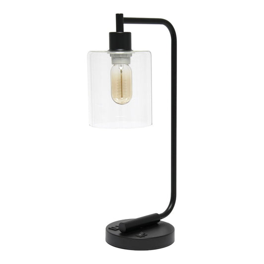19" Black Iron Lantern USB Table Lamp With Clear Cylinder Shade