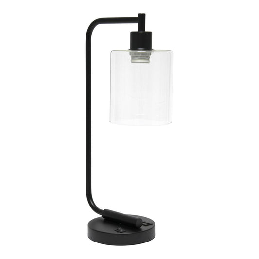 19" Black Iron Lantern USB Table Lamp LED With Clear Cylinder Shade