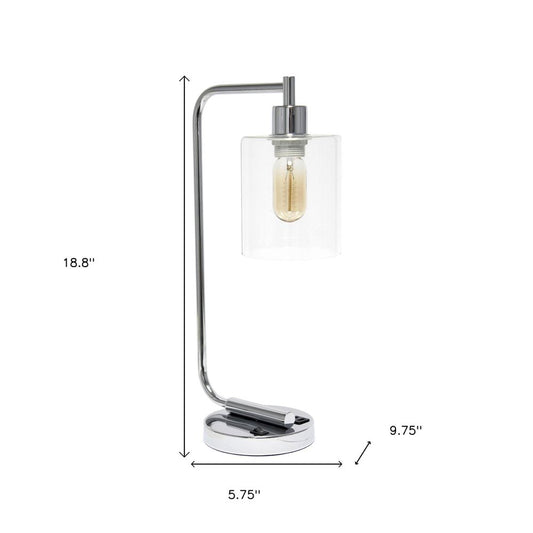 19" Silver Iron Lantern USB Table Lamp With Clear Cylinder Shade