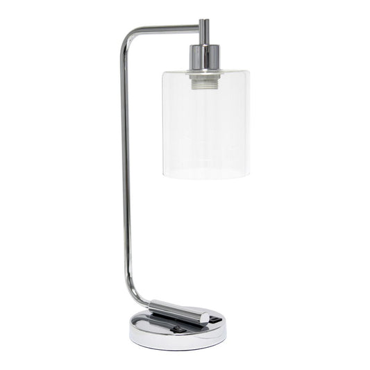 19" Silver Iron Lantern USB Table Lamp LED With Clear Cylinder Shade