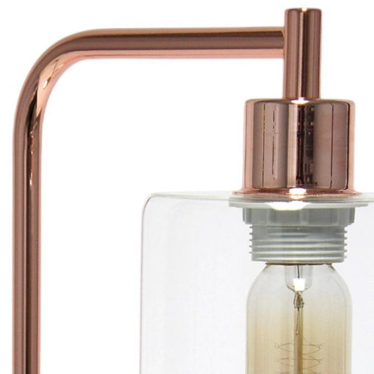 19" Rose Gold Iron Lantern USB Table Lamp With Clear Cylinder Shade