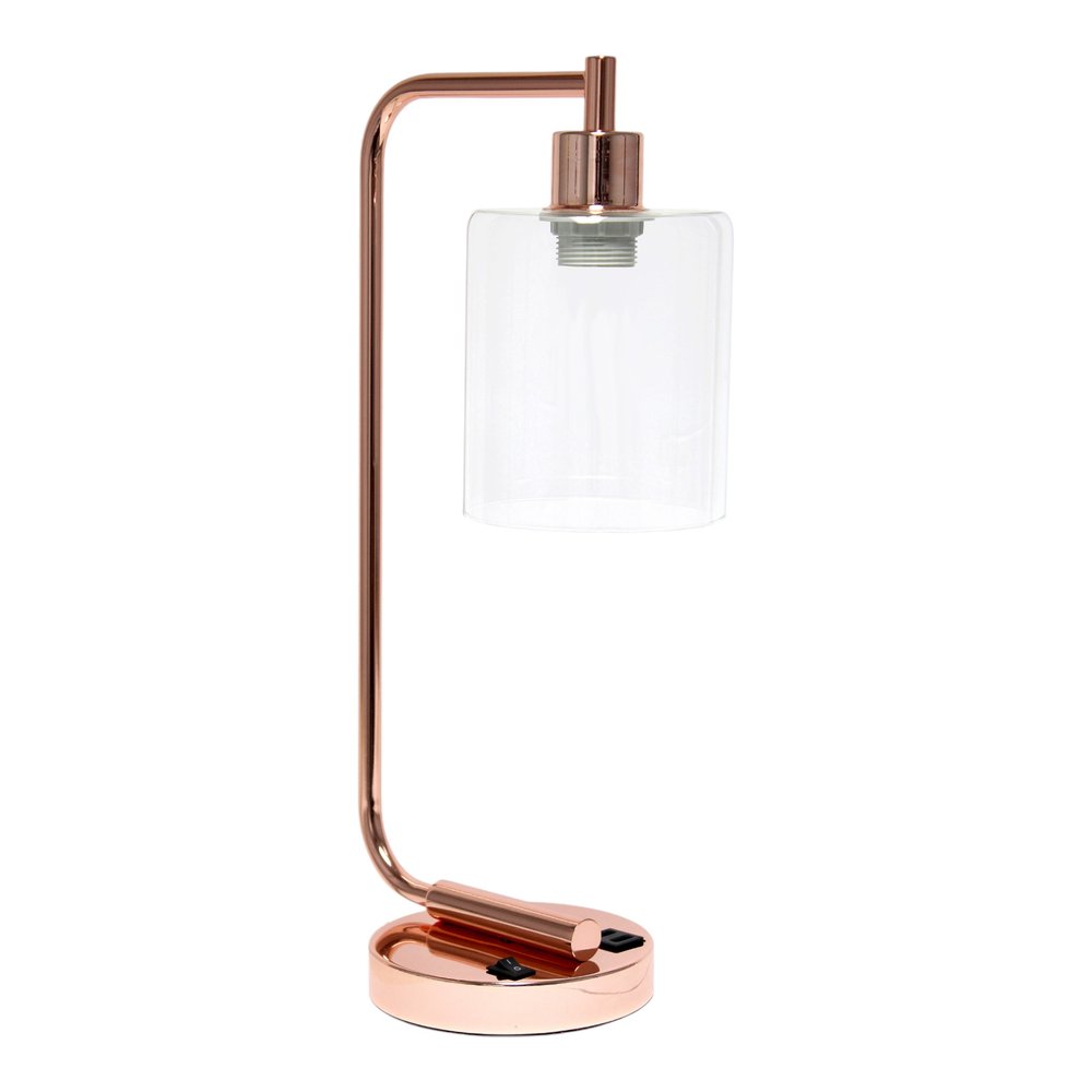 19" Rose Gold Iron Lantern USB Table Lamp LED With Clear Cylinder Shade