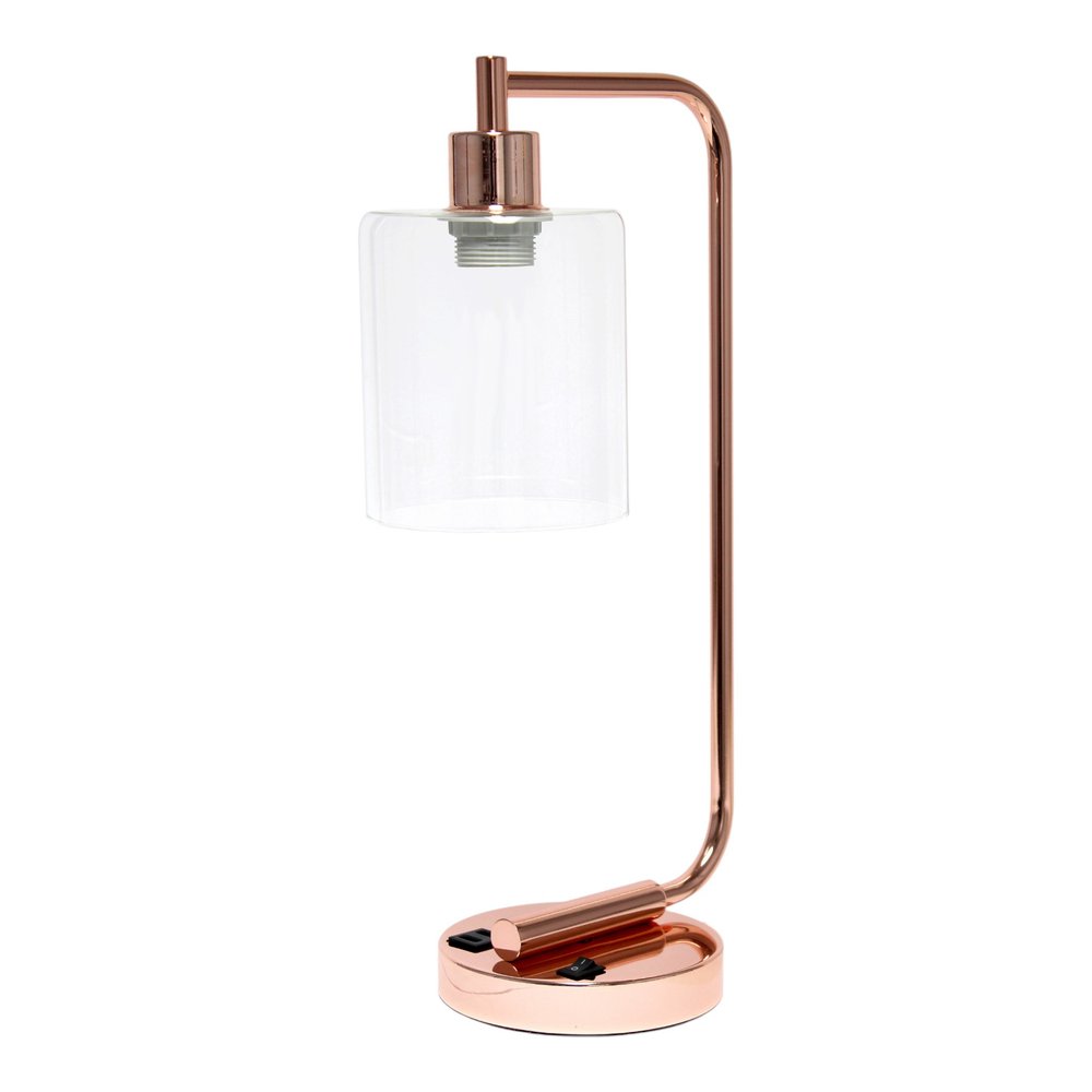 19" Rose Gold Iron Lantern USB Table Lamp LED With Clear Cylinder Shade
