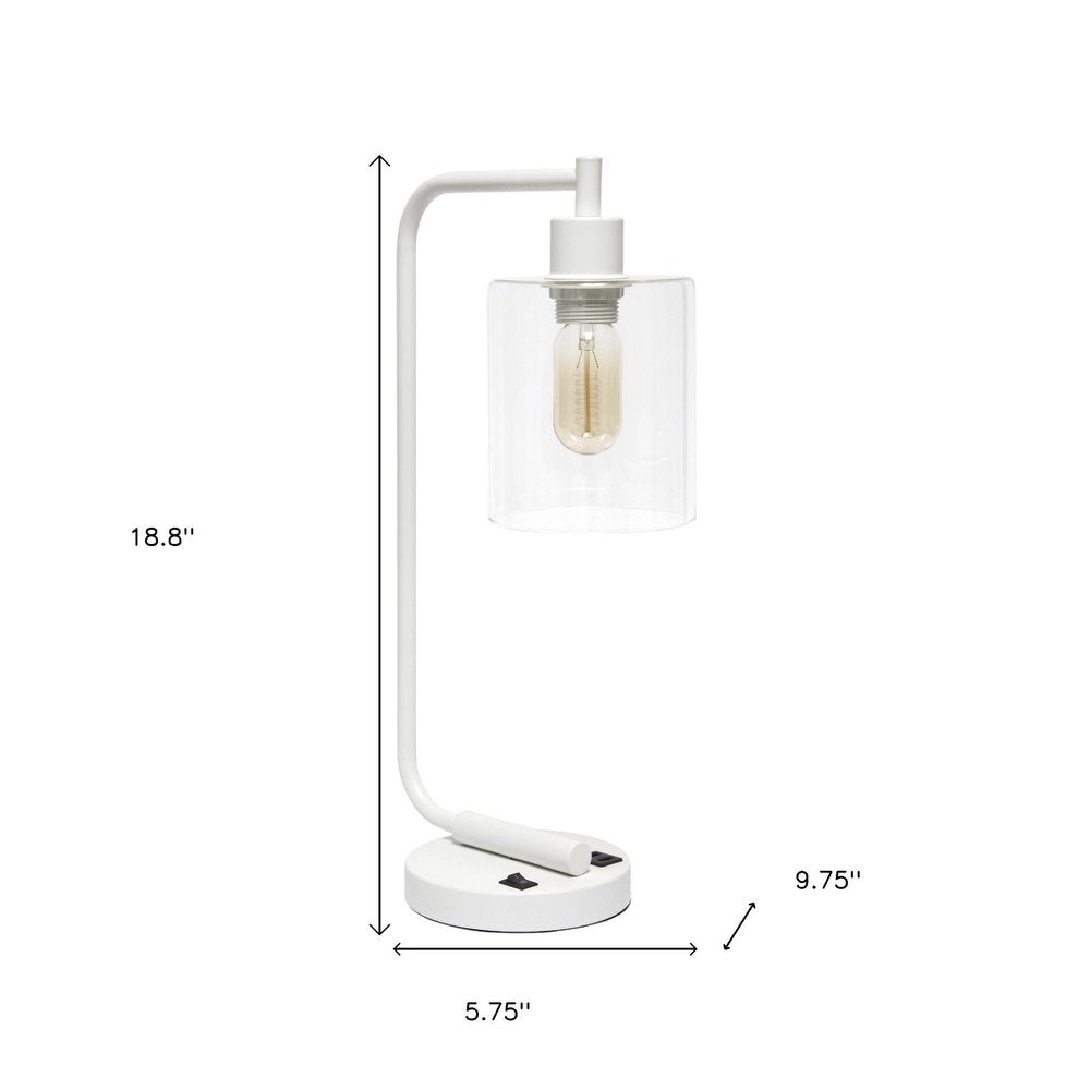 19" White Iron Lantern USB Table Lamp With Clear Cylinder Shade