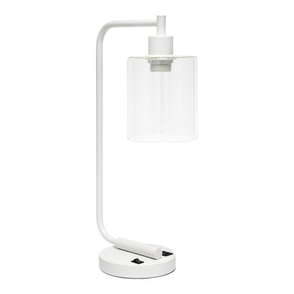 19" White Iron Lantern USB Table Lamp LED With Clear Cylinder Shade