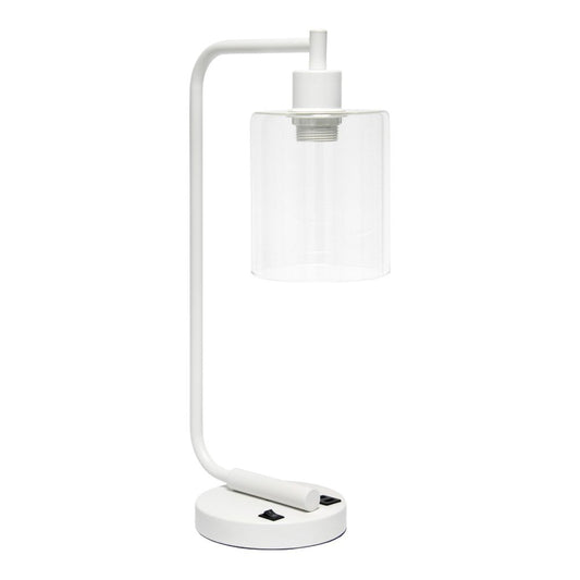 19" White Iron Lantern USB Table Lamp LED With Clear Cylinder Shade