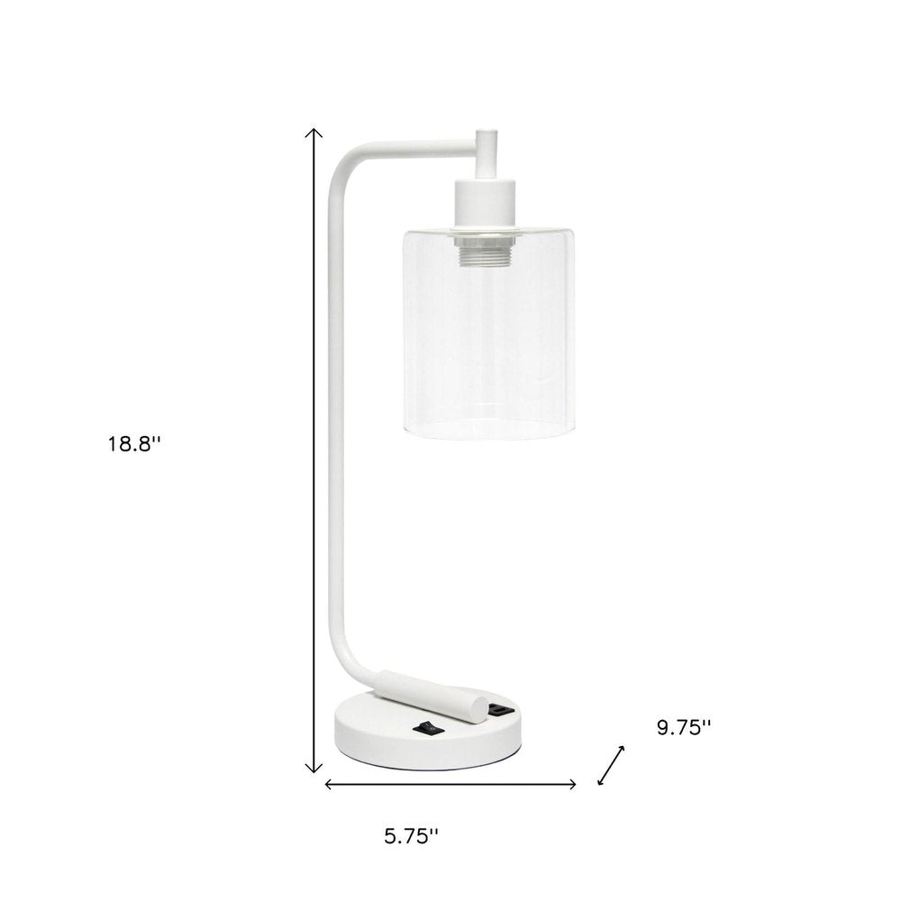 19" White Iron Lantern USB Table Lamp LED With Clear Cylinder Shade