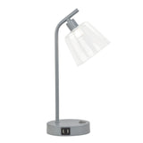 16" Gray Metal USB Table Lamp With Clear Globe Shade