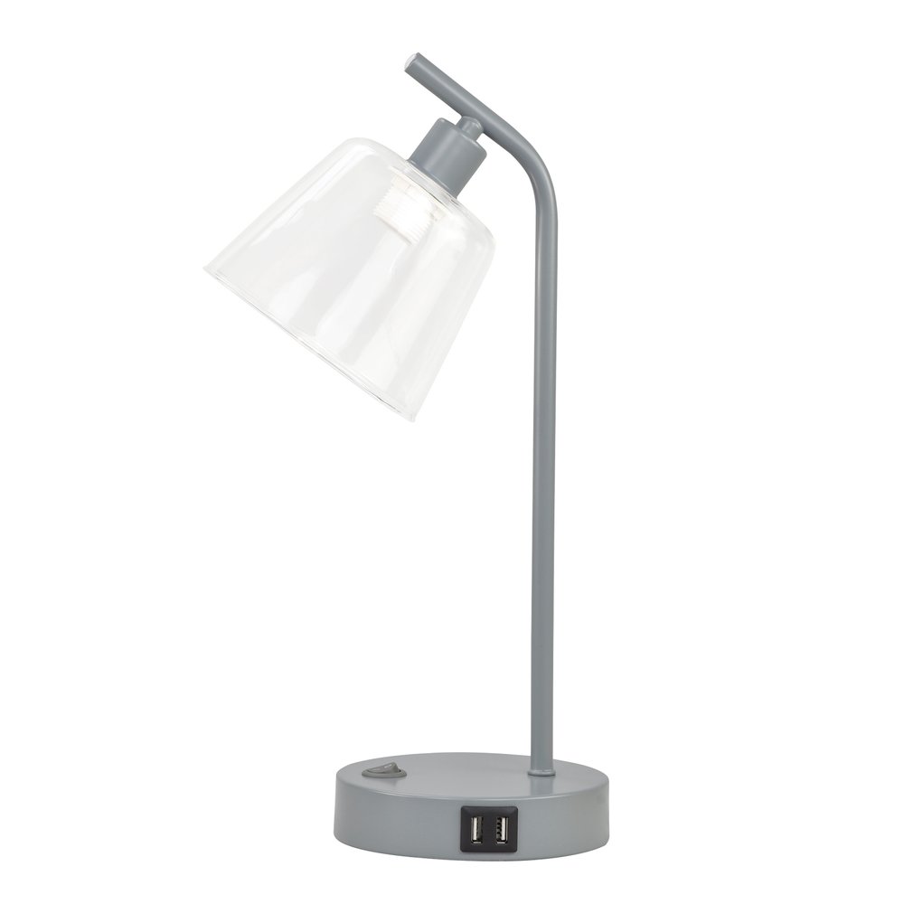 16" Gray Metal USB Table Lamp With Clear Globe Shade