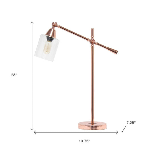 28" Rose Gold Metal Table Lamp With Clear Cylinder Shade