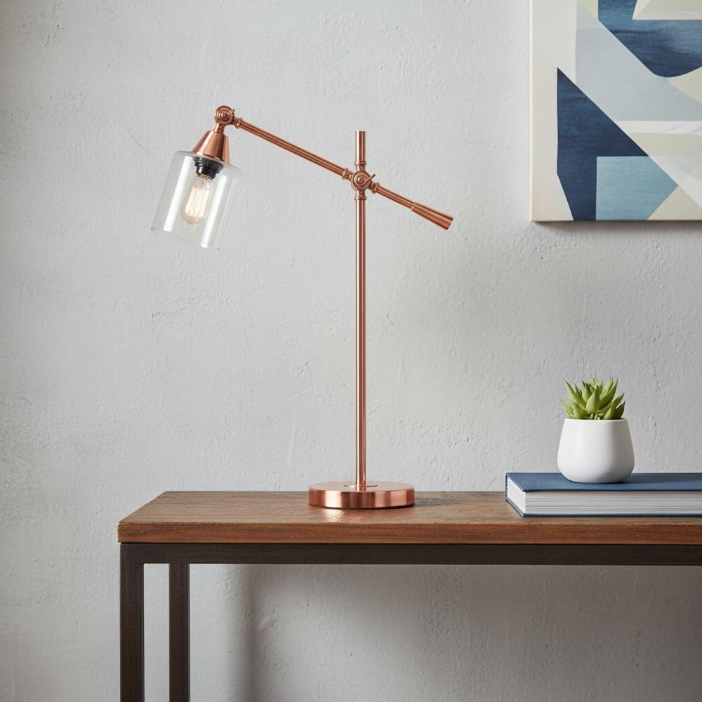 28" Rose Gold Metal Table Lamp With Clear Cylinder Shade