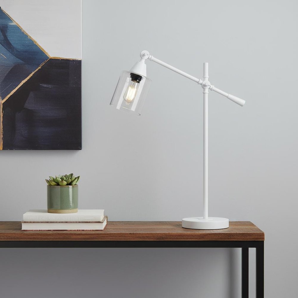 28" White Metal Table Lamp With Clear Cylinder Shade