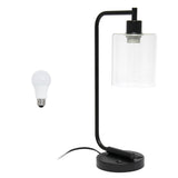 19" Black Iron Lantern USB Table Lamp LED With Clear Cylinder Shade