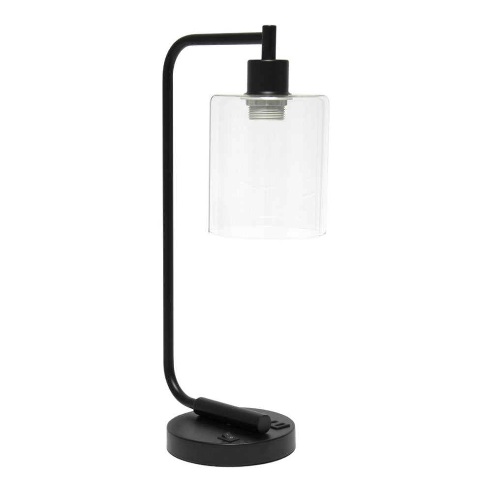 19" Black Iron Lantern USB Table Lamp LED With Clear Cylinder Shade