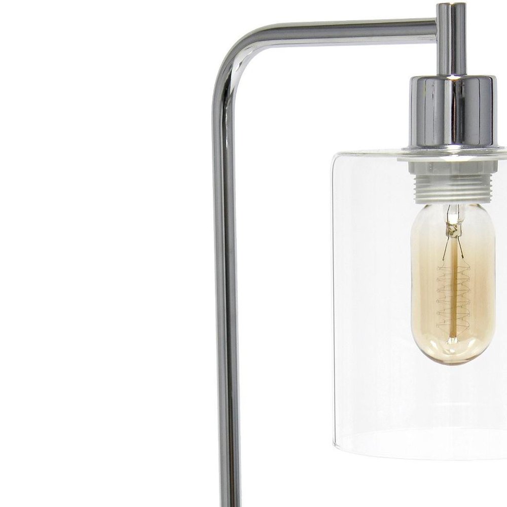 19" Silver Iron Lantern USB Table Lamp With Clear Cylinder Shade