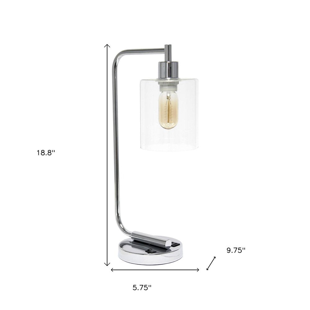 19" Silver Iron Lantern USB Table Lamp With Clear Cylinder Shade