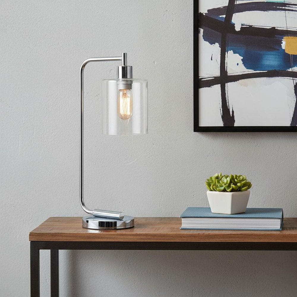 19" Silver Iron Lantern USB Table Lamp With Clear Cylinder Shade