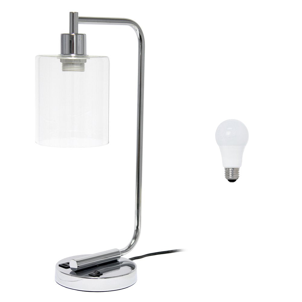 19" Silver Iron Lantern USB Table Lamp LED With Clear Cylinder Shade