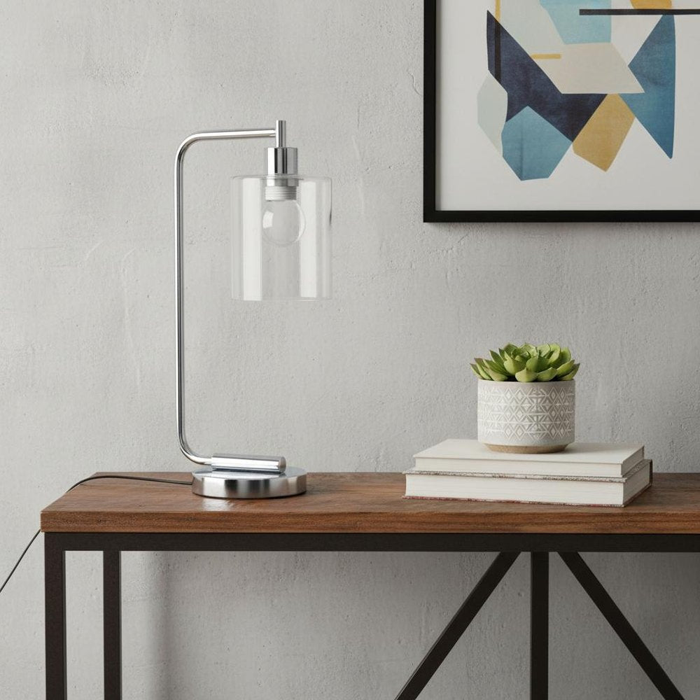 19" Silver Iron Lantern USB Table Lamp LED With Clear Cylinder Shade