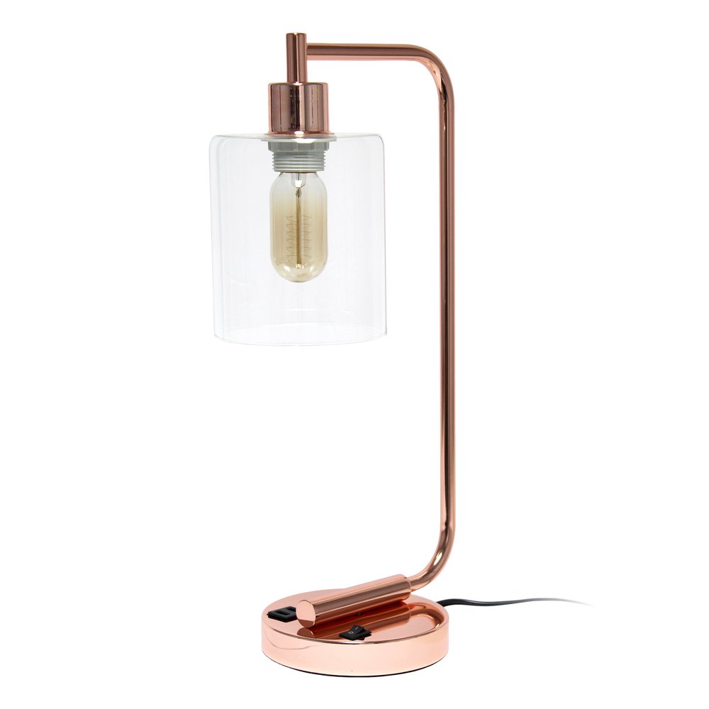 19" Rose Gold Iron Lantern USB Table Lamp With Clear Cylinder Shade