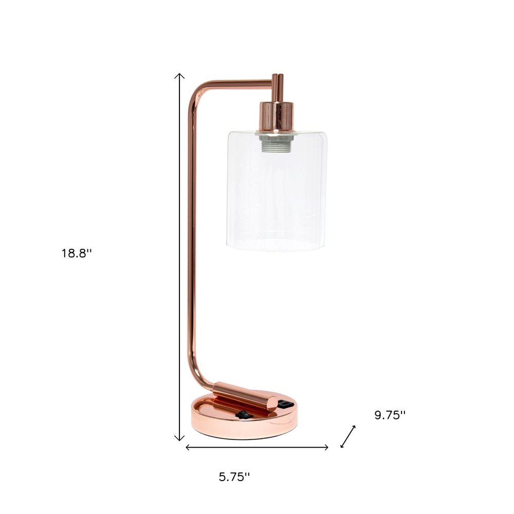 19" Rose Gold Iron Lantern USB Table Lamp LED With Clear Cylinder Shade