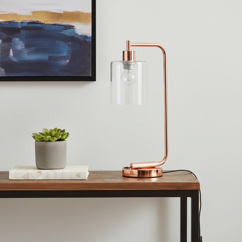 19" Rose Gold Iron Lantern USB Table Lamp LED With Clear Cylinder Shade