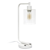 19" White Iron Lantern USB Table Lamp With Clear Cylinder Shade