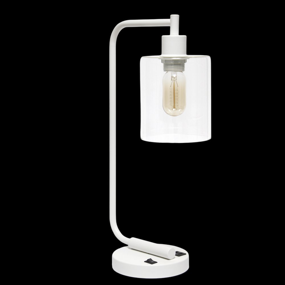 19" White Iron Lantern USB Table Lamp With Clear Cylinder Shade