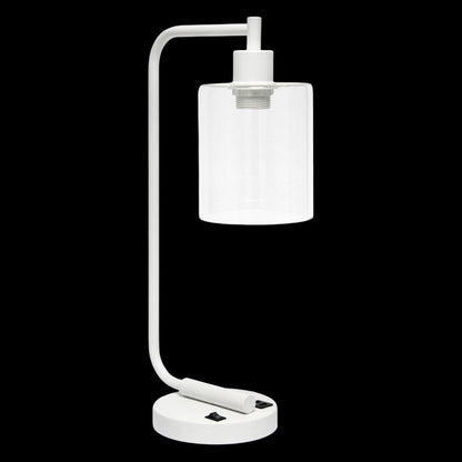 19" White Iron Lantern USB Table Lamp LED With Clear Cylinder Shade