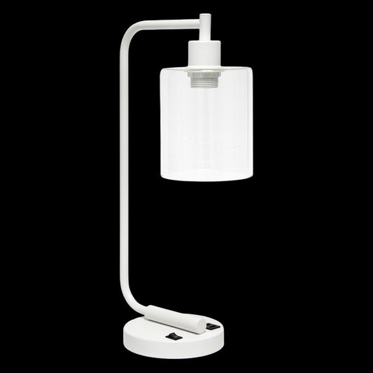 19" White Iron Lantern USB Table Lamp LED With Clear Cylinder Shade