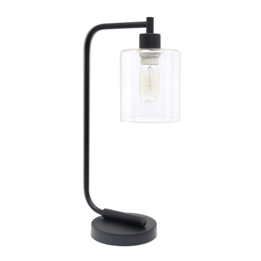 19" Black Metal Lantern Table Lamp With Clear Cylinder Shade