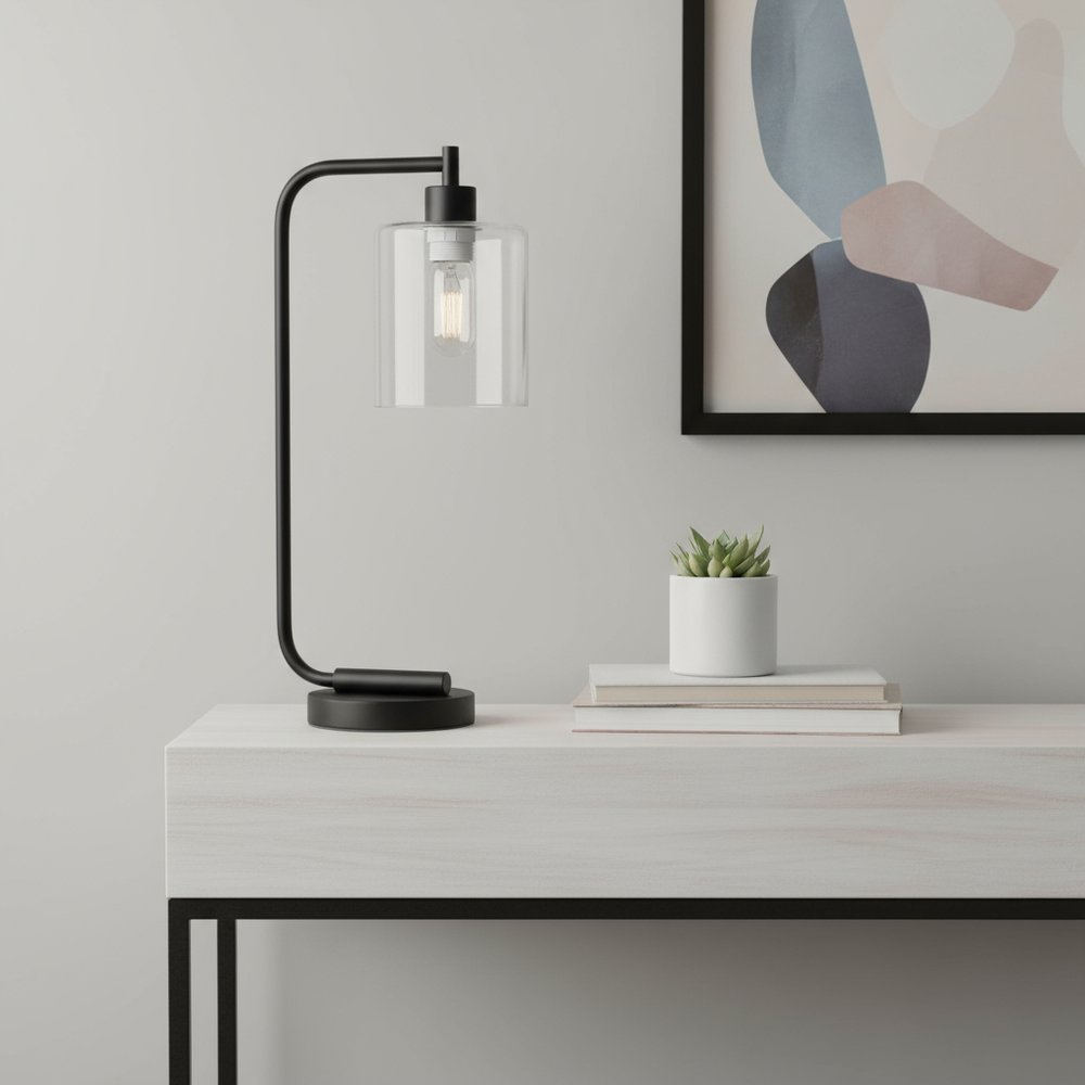 19" Black Metal Lantern Table Lamp LED With Clear Cylinder Shade