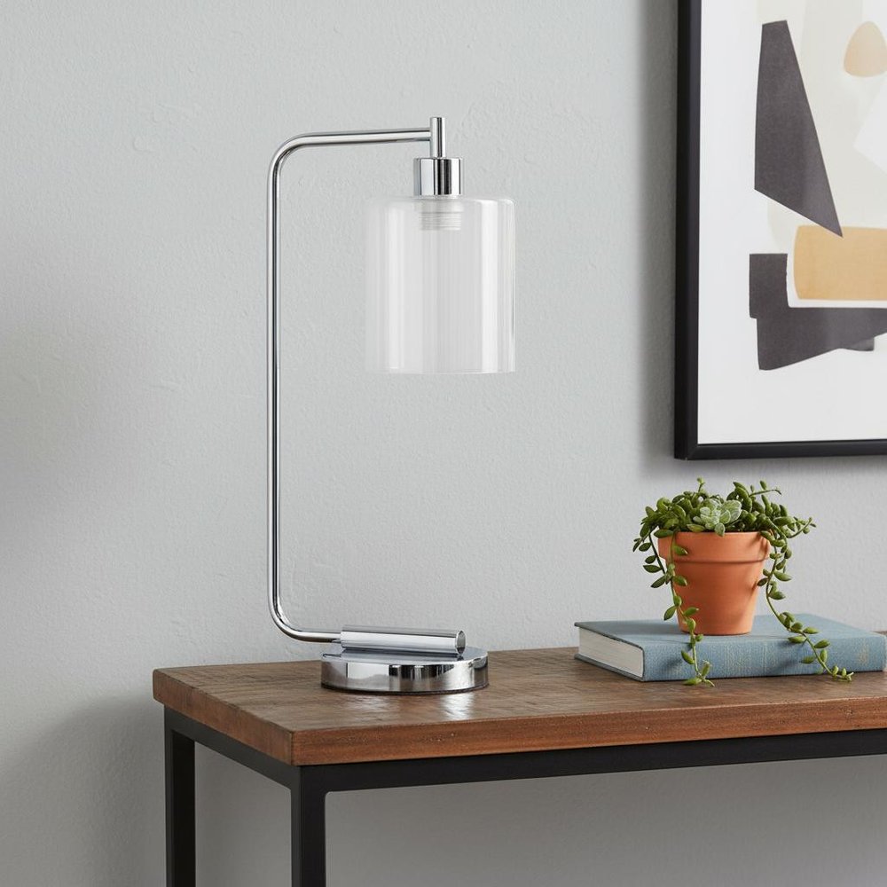 19" Silver Metal Lantern Table Lamp LED With Clear Cylinder Shade