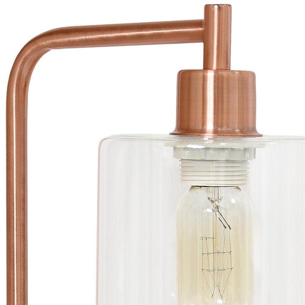 19" Rose Gold Metal Lantern Table Lamp With Clear Cylinder Shade