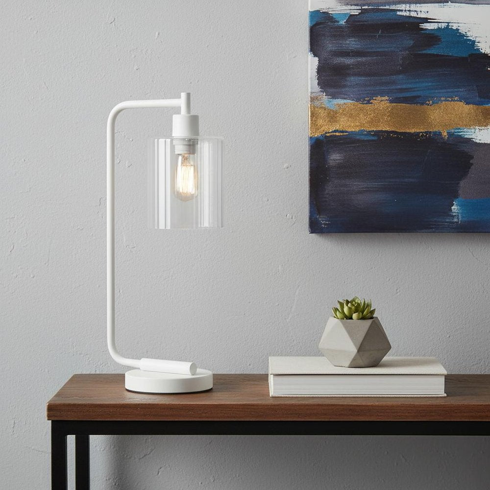 19" White Metal Lantern Table Lamp With Clear Cylinder Shade