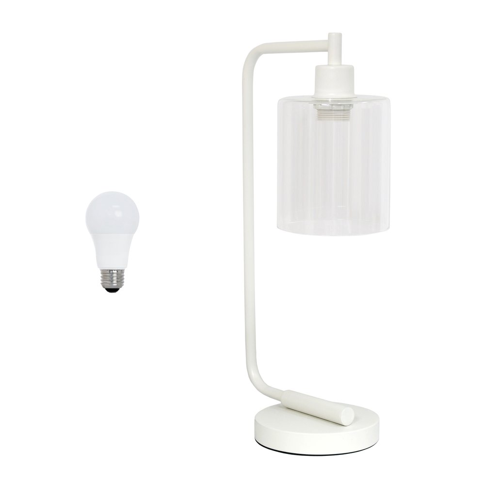 19" White Metal Lantern Table Lamp LED With Clear Cylinder Shade