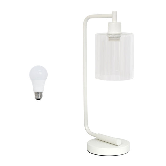 19" White Metal Lantern Table Lamp LED With Clear Cylinder Shade