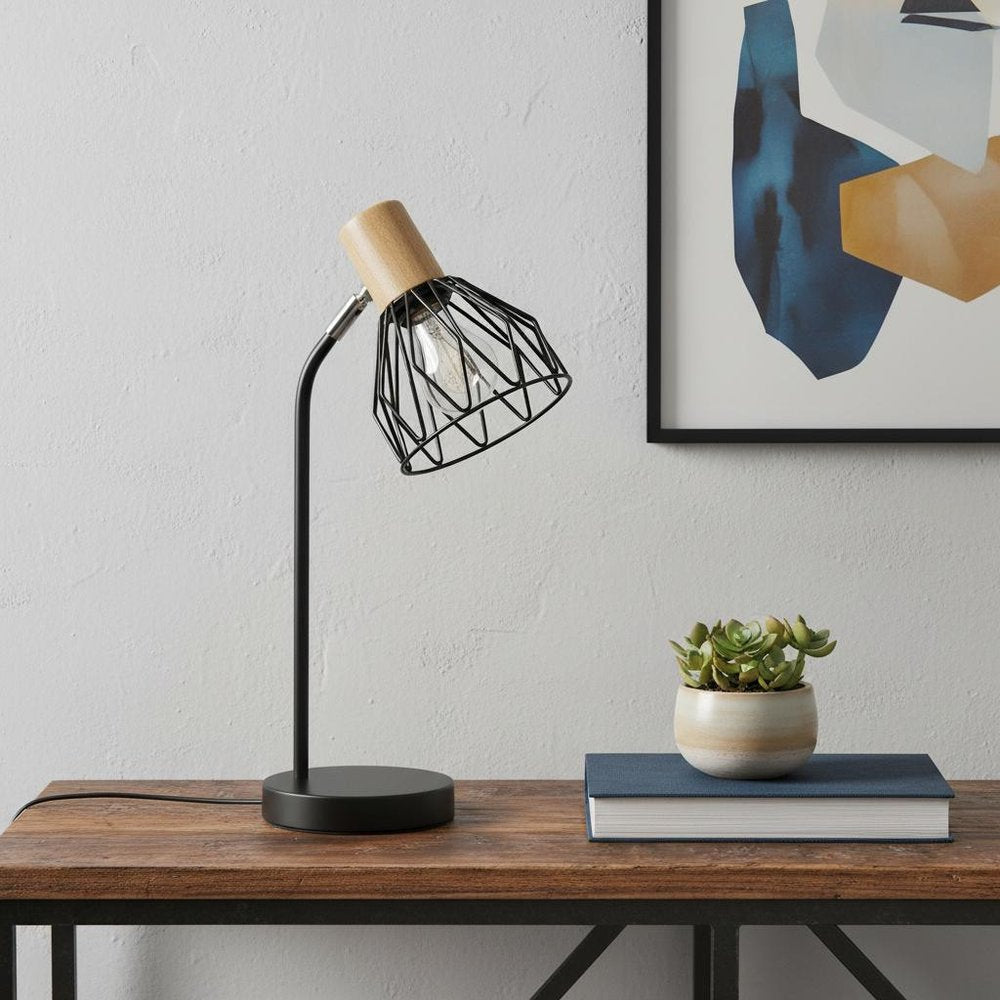 18" Black Iron Table Lamp With Black Globe Shade