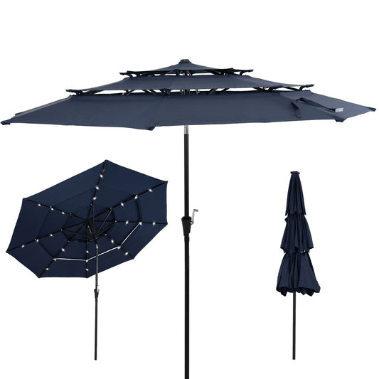 96" Dark Blue Polyester Octagonal Tilt Lighted Market Patio Umbrella